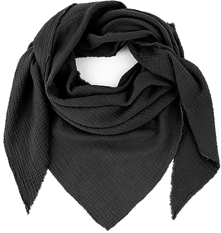 Gloop Sciarpa da donna XXL a maglia triangolare, sciarpa in cotone, sciarpa triangolare in mussola, senza graffi sulla pelle, Nero , Taglia unica