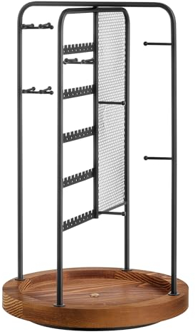 SONGMICS Schmuckständer, Schmuckhalter drehbar, 4 getrennte Bereiche, Metallrahmen, Schmuckaufbewahrung für Halsketten Armbänder Ohrringe Ohrstecker Ringe, Geschenkidee, weihnachten, schwarz JJS023B01