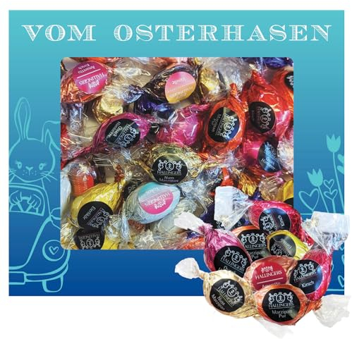 Hallingers Vom Osterhasen XXL - Ostergeschenke für Osterkörbchen zu Ostern, Pralinen Ostereier handgemacht teils mit Alkohol (Box) - Geschenkideen Weihnachten & Geschenke Adventskalender | Glückwunsch