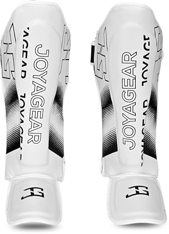 JOYAGEAR Espinilleras Kickboxing - Evolution - Blanco - Talla L - Deportes Marciales Sparring Espinilleras - Protector de piernas Kickboxing Espinilleras - Fabricado en microfibra tailandesa