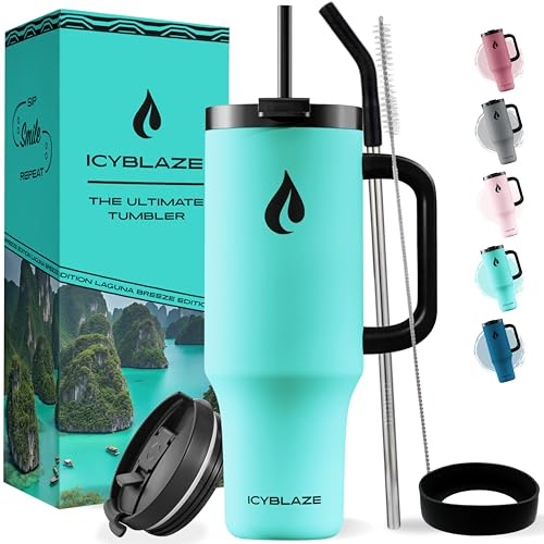 ICYBLAZE 40oz Tumbler with Straw and Lid | 2 Straws & Handle | Travel Mug | Insulated Coffee Cup | Flasks for Hot and Cold Drinks | Iced Coffee Cup | BPA-Free (Turquoise Laguna)