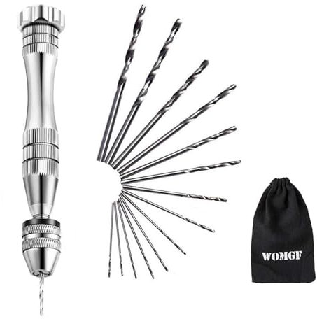 WOMGF 12cm Handbohrer mit 14 Stück Mini Spiralbohrer 0,5-3,0 mm Silber Drillbohrer Große Bastelbohrer