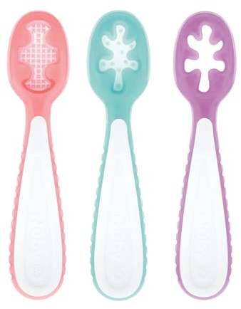Nuby 3-Stage Baby's First Spoons Set - 3 Pack - 6+ Months - Baby Spoons with Easy Grip Handle - Encourages Self-Feeding - Rose/Aqua/Violet