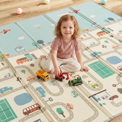 CASABEL Tapis d’Éveil Bébé Évolutif 180×150 cm – Tapis Bébé Pliable, Imperméable et Épais, Motifs Voitures, Grande Taille, Doux et Coloré, Tapis de Jeu Compact à Rangement Facile