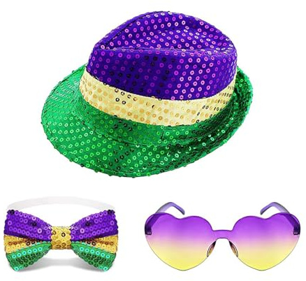 YFAFA Grases Cappello Fiocchi Cravatta e Occhiali Set Oro Verde Cappello Carnevale Partito Circo Tema Accessori Per Feste
