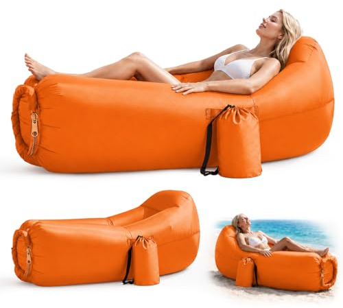 Kenmohuo Inflatable Sun Air Lounger, Portable Blow Up Sofa Bed for Beach Camping Garden, Waterproof Anti-Leak Inflatable Chair Couch Sunbed for Outdoor Travel Picnics Hiking Pool (Orange)