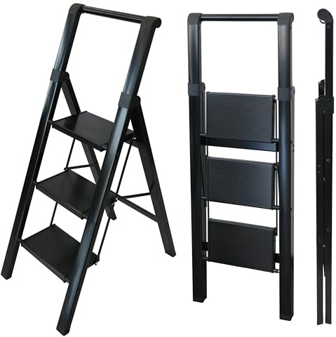 UZIRO Escaleras Plegables 3 Peldaños, Escalera de Aluminio 3 Peldaños Anchos, Sistema Antideslizante, Muy Liviana y Facil de Guadar