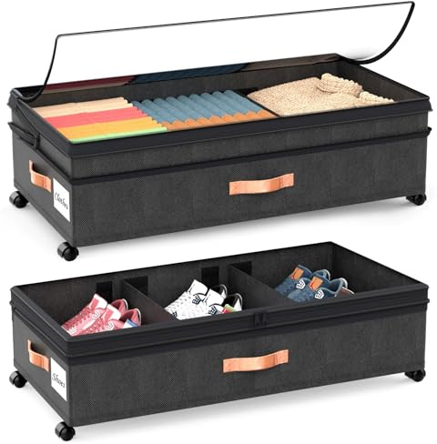 IVTUVTI Lot de 2 boîtes de rangement sous le lit avec roulettes et couvercle, cadre en métal, pliable, pour vêtements, chaussures, couvertures, linge de lit