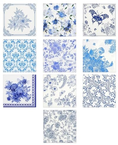 40er-Packung, servilletas de papel decorativas, surtido en azul y blanco con diseño floral, servilletas para cóctel, cumpleaños, fiestas de té, bodas, cenas, cocina y baño