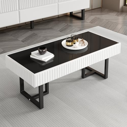 VIVCA Moderner klassischer Couchtisch in Schwarz-Weiß, Wohnzimmertisch, hochglänzende Schwarze Tischplatte.110 L x 50.5 B x 41 H(cm)