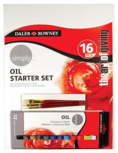 Daler-Rowney Simply Ölfarbe, 16-teiliges Starter-Set, 12 x 12 ml Farben, Leinwand, 3 Pinsel, ideal für Anfänger und Hobbymaler