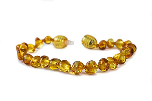 Baby J's - Bracelet couleur miel - Bracelet en ambre de qualité supérieure - 100% ambre de la Baltique - Équipé d'un fermoir à vis de sécurité - Noué pour éviter les dispersions - 13 cm