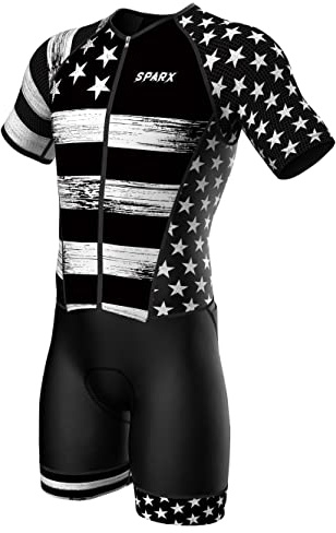 Sparx Mens Elite Aerosuit Triathlon Suit Mens Short Sleeve Tri Suit Skinsuit (B&W US Flag, XL)