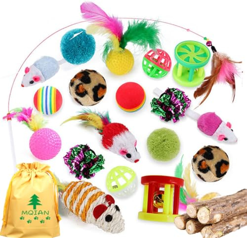 MQIAN 25 pcs Katzenspielzeug Set, Kätzchen Maus Spielzeug Set, Katzenspielzeug Ball Mit Feder, Katzen Spielzeug Variety Katzen Spielzeug Pack