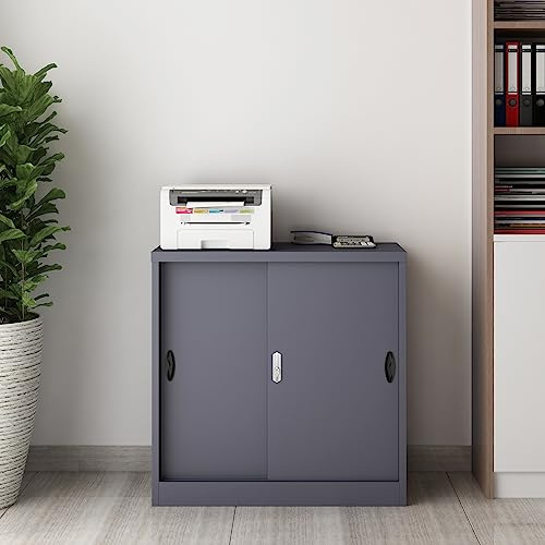 [en.casa] Armadietto da Ufficio 90 x 40 x 90 cm Armadio per Archivio Mobile in Acciaio con Serratura 2 Ante Scorrevoli e Ripiano Regolabile - Grigio Scuro