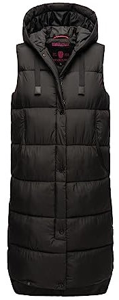 MARIKOO Damen Weste Steppweste lang gesteppte Übergangsweste Kapuze warm B967 [B967-Sayor-Schwarz-Gr.L]