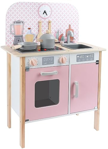 Leomark Cocina de Juguete de Madera Menfi para Niños con Accesorios, Colores Pastel, Horno con Puerta Magnética, Fregadero Extraíble, Reloj y Placa con Luz y Sonido, Guardería o Regalo Infantil, Rosa