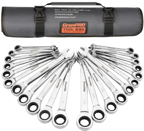 GRENPRO Ratcheting Wrench Set, Combination Wrench Set, 22-Piece SAE & Metric and Standard, 72Th Long Open End, 1/4 to 3/4 & 6-18mm, Organizer With Roll Up Pouch, CR-V Socket Mechanic Hand Tools Sets