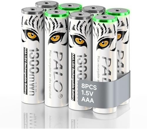 Mspalocell Batería AAA de Litio 1,5 V 1300 mWh, Estampado de Tigre y con luz de Carga, Pilas AAA de Carga rápida de 1500 Ciclos Recargables, Paquete de 8 baterías con Caja de batería