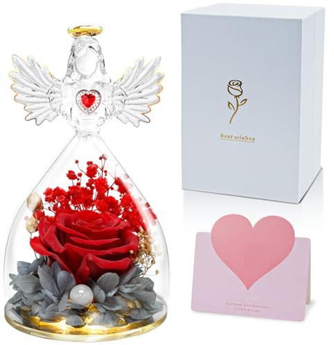 skelo Geschenke für Mama, Ewige Rose im Engel Figur, Infinity Rosen Geburtstagsgeschenk für Frauen, Ewige Blume in Engel Glaskuppel mit LED Licht, Valentinstag für Freundin Oma Mutter Geburtstag, Lila