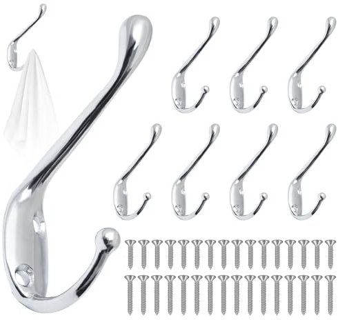 GOTRUST Sliver Coat Hook, 8pcs Vintage Metal Coat Hooks, Heavy Duty Dual Door Hook Wall Mounted, Individual Towel Hooks with 32 Screws for Hanging, Bathroom Bedroom Fitting Room