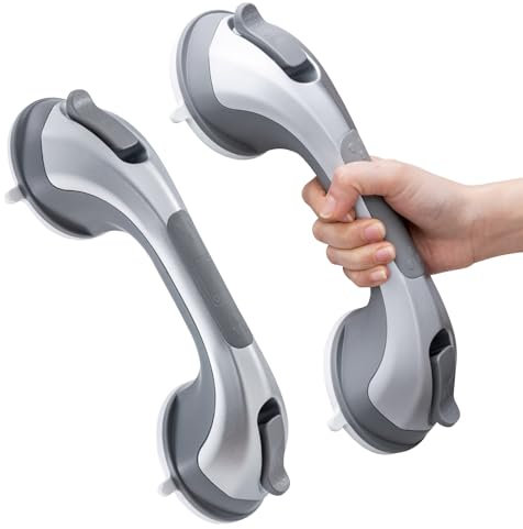 LEVERLOC Succion Poignée Ventouse Lot de 2, 31 CM Douche Barre d'appui pour Baignoire, 110 KG Poignées de Sécurité pour Salle De Bain, Seniors, Personnes Âgées, Barre de Maintien Amovible, Argent