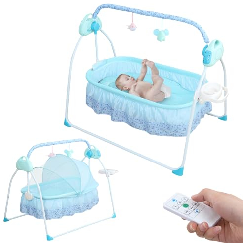 Babywippe Elektrisch, Babyschaukel, Tragbar und Fltbar Baby Bed, 5 Schwinggeschwindigkeiten, Schaukelbett mit Fernbedienungen, Babywiege für Babys im Alter von 0-18 Monaten