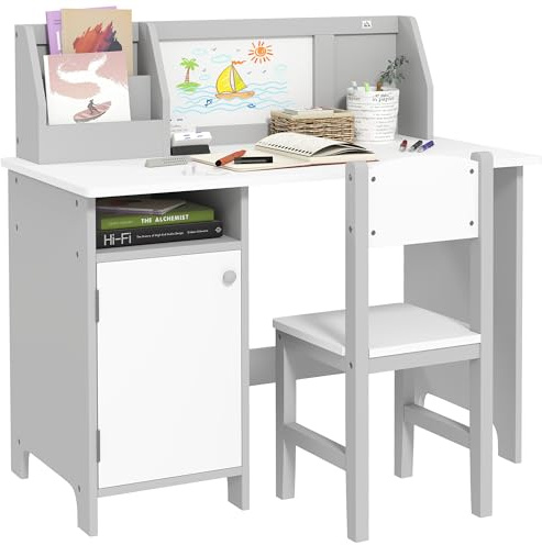 HOMCOM Bureau pour Enfant, Ensemble Table et Chaise pour Enfant avec Tableau Blanc - Bureau pour Enfant +5 Ans 90L x 45l x 85H cm Gris