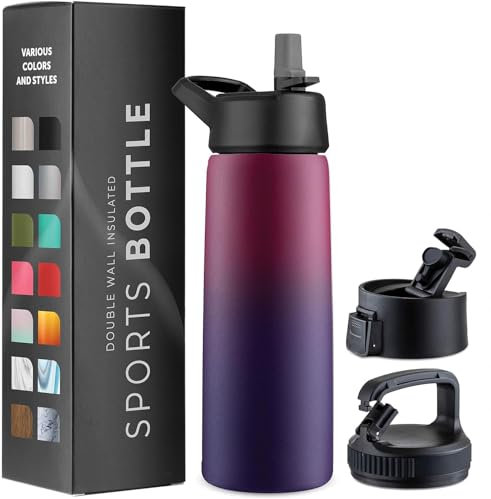 750ml Triple Walled, Insulated Water Bottles with Straw - Stainless Steel Metal Bottle W/ 3 Leak Proof Lids - For Travel, School, Sports, Gym/Men, Women (Dreamy Purple)