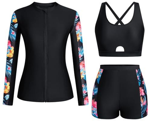 Mrat Women's 3 Piece Rash Guard UV Sun Protection Long Sleeve Swimsuits Built-in Bra Zip Up Swim Shirts with Boyshorts Swimming Costumes Ladies Modest Swimwear Surf Suit Bathing Suit Swimwear Red