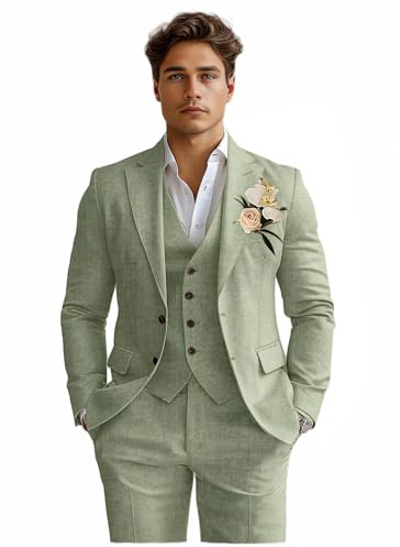 Costume de Smoking 3 pièces en Lin pour Homme - Coupe ajustée - pour la Plage, Les Mariages, Les Affaires, Le marié et Le Bal, Vert Sauge, XX-Large