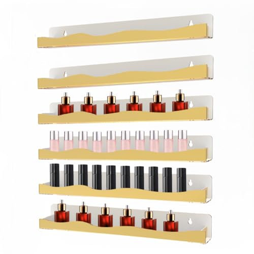TNTGMG Étagère Murale de Vernis à Ongles,6 étagères suspendues d’Or de Rack de Vernis à Ongles,38 cm de Longueur Acrylique Organisateur Affichage d’Ongles pour 66-90 Bouteilles