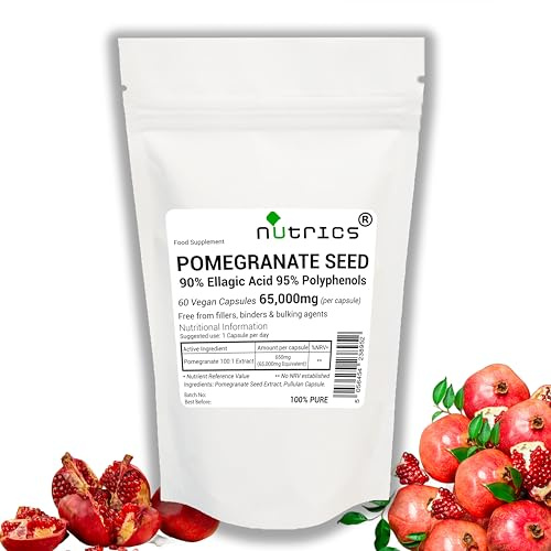 Nutrics® 65,000mg (per Capsule) Pomegranate Seed Extract 30 V Capsules - 90% Ellagic Acid 95% Polyphenols standardised No fillers Binders or Bulking Agents (30)