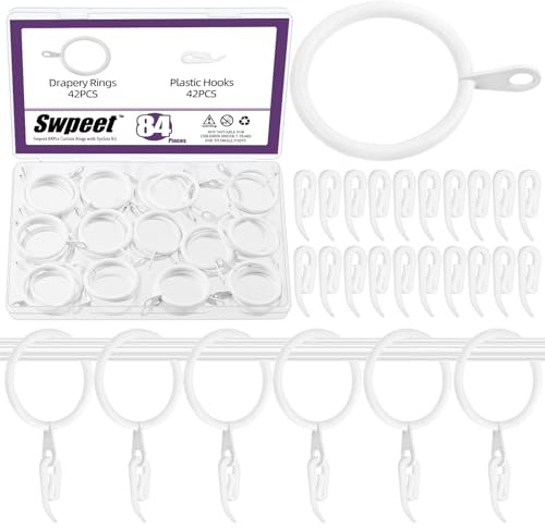 Swpeet 84Pcs 30mm Anillo de Cortina de Cortina de Metal Blanco con Kit de selección de Gancho de Cortina de plástico, Ojo Deslizante de, Clip para el Dormitorio de la Barra de la Barra del Hotel