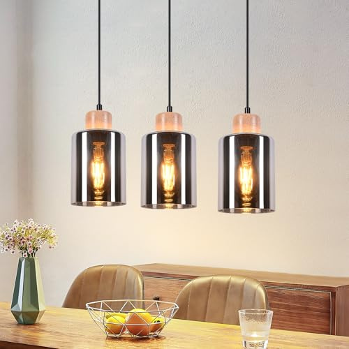 Kowanie Pendelleuchte esstisch 3 flammig: Hängelampe Holz E27 Esstischlampe hängend Rauchglas Vintage Esszimmerlampe aus Glas Industrial Küche Hängeleuchte für Esszimmer Wohnzimmer - Ohne Leuchtmittel