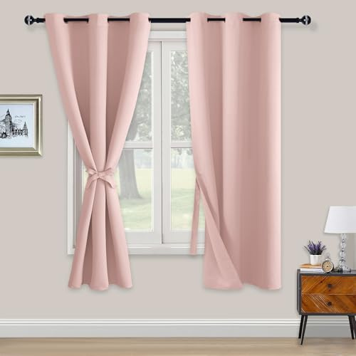 XWZO Blackout Curtains Shades Window Curtain Panels with Tiebacks- Noise Reduction and Thermal Insulated Eyelet Curtains for Bedroom,Living Room,Office,Study Room Pink W46xL72