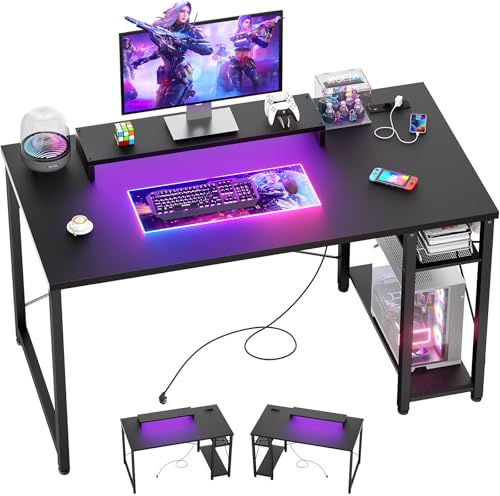 iSunirm Scrivania Gaming con Supporto per Monitor e Ripiano di Stoccaggio,Scrivania Computer con 2 Prese e 2 Porte USB,Scrivanie Moderne per Ufficio e Studio,100x50x75cm,Nero