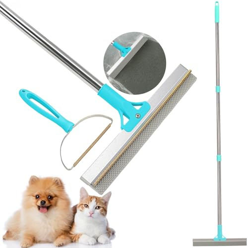 HOSDFOIER Depilatore per animali domestici 2 in 1, spazzola per tappeti con manico regolabile da 138 cm, per rimuovere i peli di animali da auto, tappeti, pavimenti, divani e vestiti (blu)