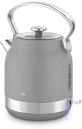 Swan SK14631GRY Retro Traditional Kettle, Rapid Boil, Removable Limescale Filter, Easy Pour, 360 Degree Base, Water Indicator Window and Boil Dry Protection 1.7L, 3KW, Grey and Stainless Steel