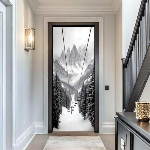 3D Adesivi per Porte Interne Inverno Nevoso Adesivo Porta Funivia Carta Parati Autoadesiva Arte Sticker Camera Letto Soggiorno Decorazione Parete Poster Murale 77x200 cm m.219