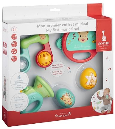 Sophie la Girafe - Mon Premier Coffret Musical – Jouet d’Éveil Sonore Bébé 6 Mois+ – 4 Instruments Faciles à Saisir – Tambourin, Maracas, Trompette et Hochet – Idée Cadeau Naissance – Fresh Touch