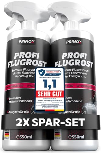 Prinox Profi Flugrostentferner Spray 2 x 550ml - Entfernt hartnäckigen Flugrost & Industriestaub - Lackreiniger für Autolack & Felgen mit hoher Reinigungsleistung zum Entfernen von Flugrost