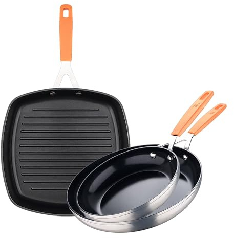 San Ignacio Juego de 2 Sartenes Ø16Ø28cm + Asador cuadrado 28x28cm en aluminio forjado para inducción COMPACT