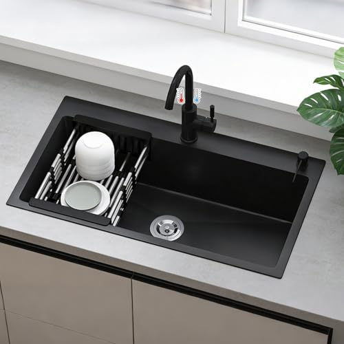 Évier de Cuisine Noir Inox 304, Évier Farmhouse 68x45 cm à 1 Bac, Montage Encastrable ou Sous-plan, avec Robinet Mitigeur et Accessoires Complets