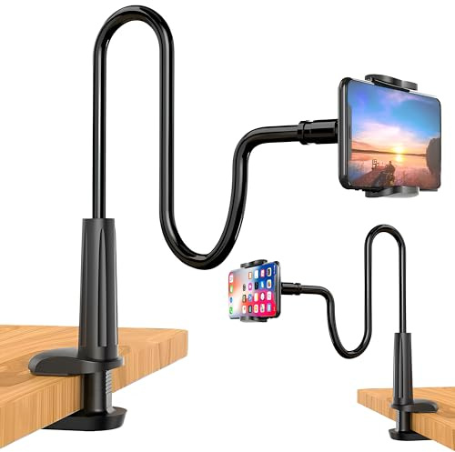 Soporte para Móvil con Cuello de Cisne 360° Flexible con Pinza para iPhone 16/15/14/13/12/11 Pro MAX, Samsung, Huawei y Smartphones de tamaño de 4 a 10,6 Pulgadas -Soporte Ajustable para Mesa y Cama.