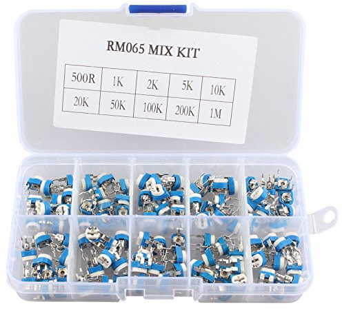 HALJIA Potentiometer-Set, sortiert, mit Kunststoff-Box, 100 Stück, 10 Typen, RM065 6mm