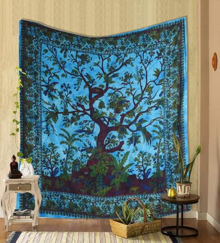 THE ART BOX Tapestry Turquoise Tree of Life Wall Hanging – Indian Cotton Full Size Bedspread, Picnic Sheet, Wall Decor, Blanket, Wall Art for Bedroom (Full, 85x90 Inch)