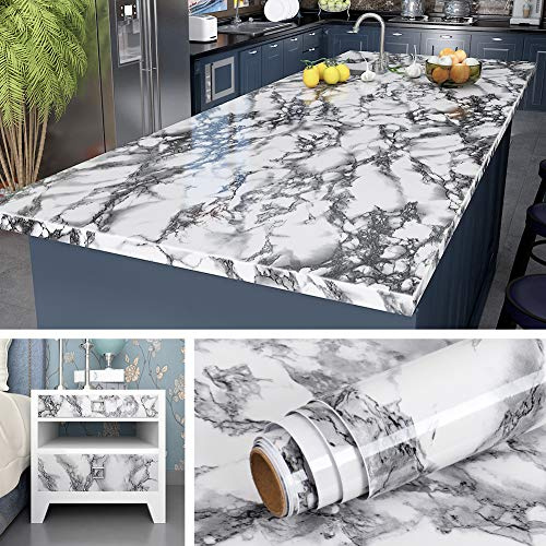 Livelynine 5M X 60 CM Wide White and Grey Marble Wallpaper Sticky Back Plastic Kitchen Worktop Covering Contact Paper Marble Effect Self Adhesive Vinyl Wrap for Kitchen Counter Top Furniture Covering