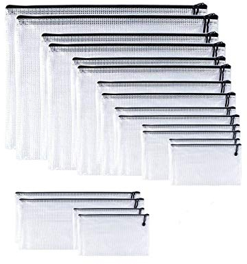 Oaimyy Kunststoff-Tasche mit Reißverschluss, für Stifte, Dokumente, Ordner, Taschen, transparentes Netzgewebe, wetterfest, Schutz, 9 Größen, 18 Stück schwarz