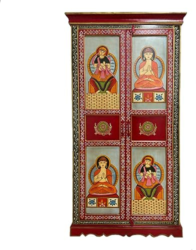 Oriental Galerie Indischer Wandschrank Nyima 175 cm hoch, mit Buddha-Motiven verziert, in Rot Holzschrank Kommode Yoga Tibet